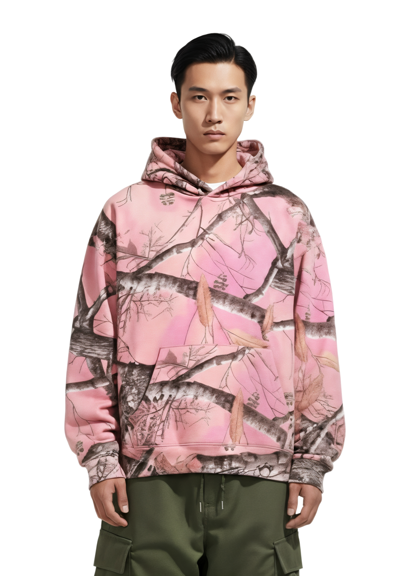 Oversized Pink Branch Camo Print Hoodie