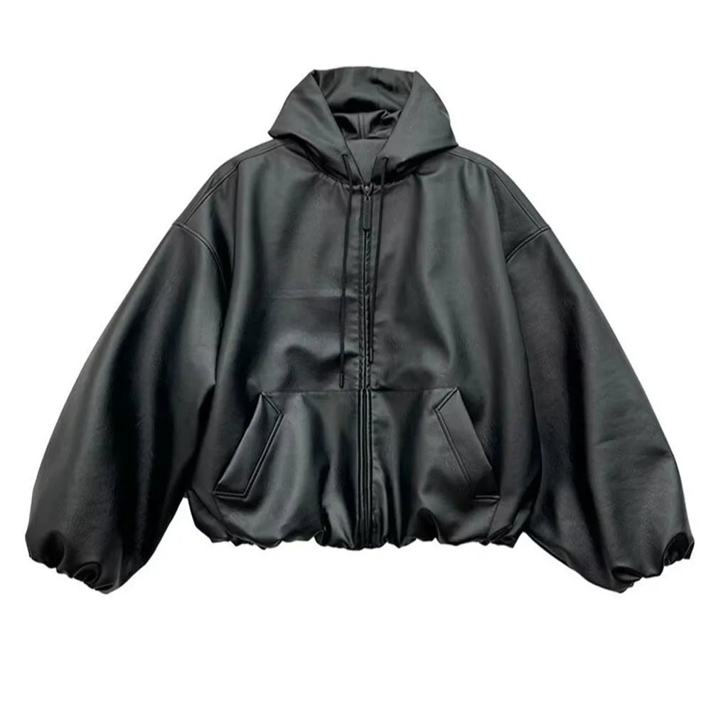 Oversized Black Faux Leather WIndbreaker Coat