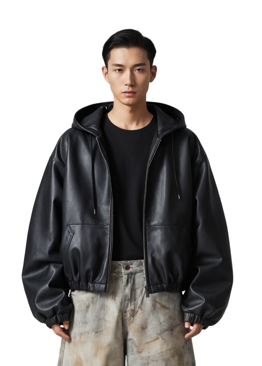 Oversized Black Faux Leather WIndbreaker Coat