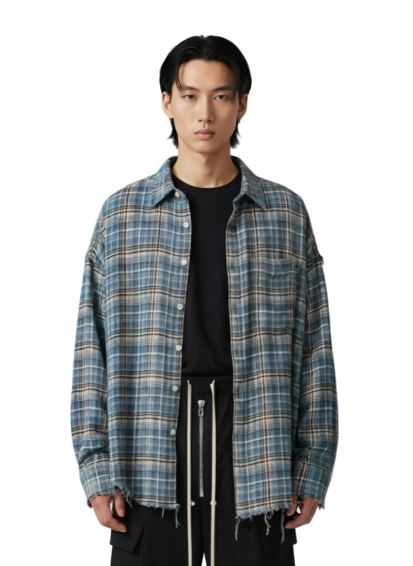 Oversized Plaid Shirt with Frayed Hem