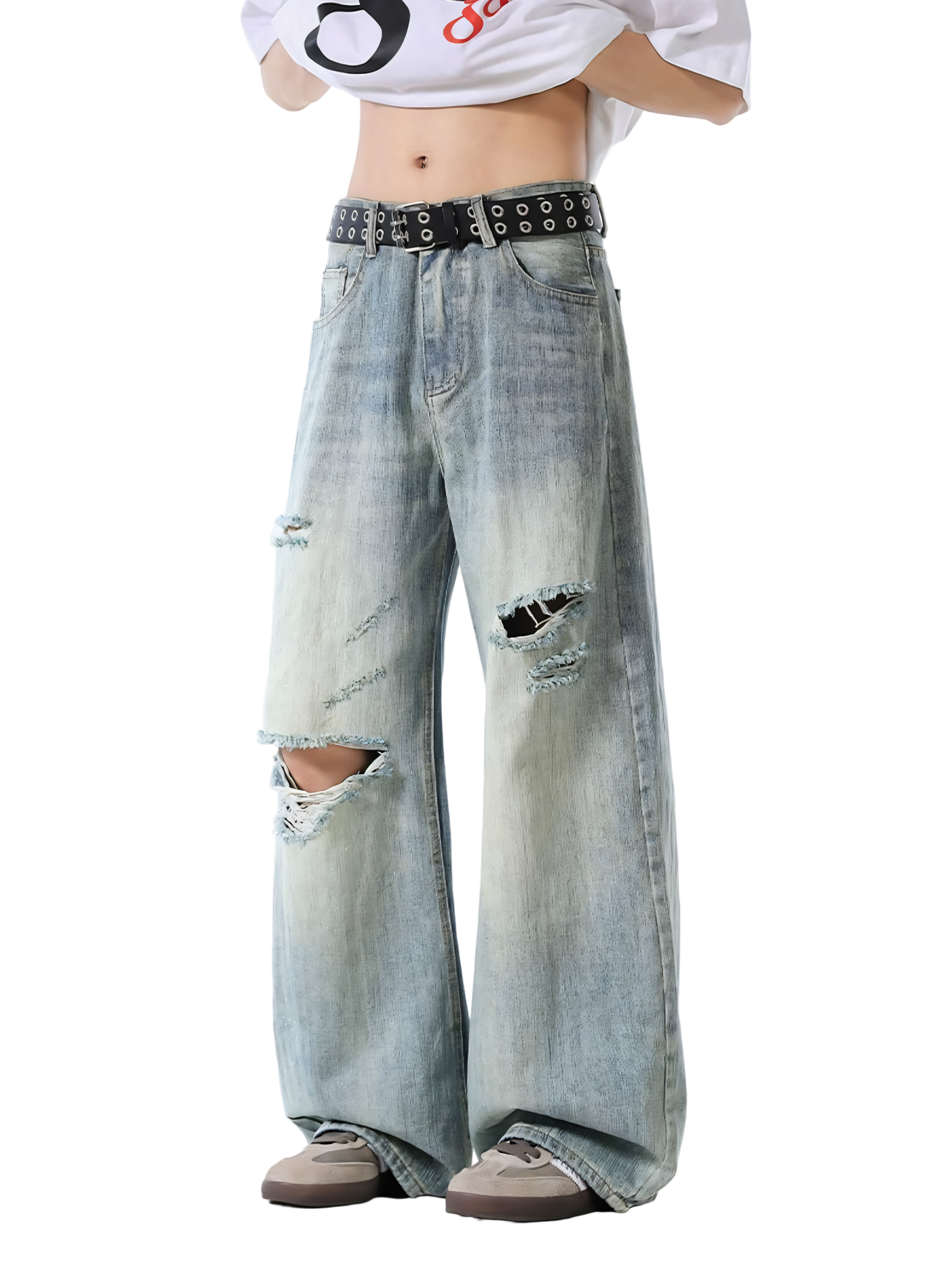 Distressed Washed Wide Leg Jeans