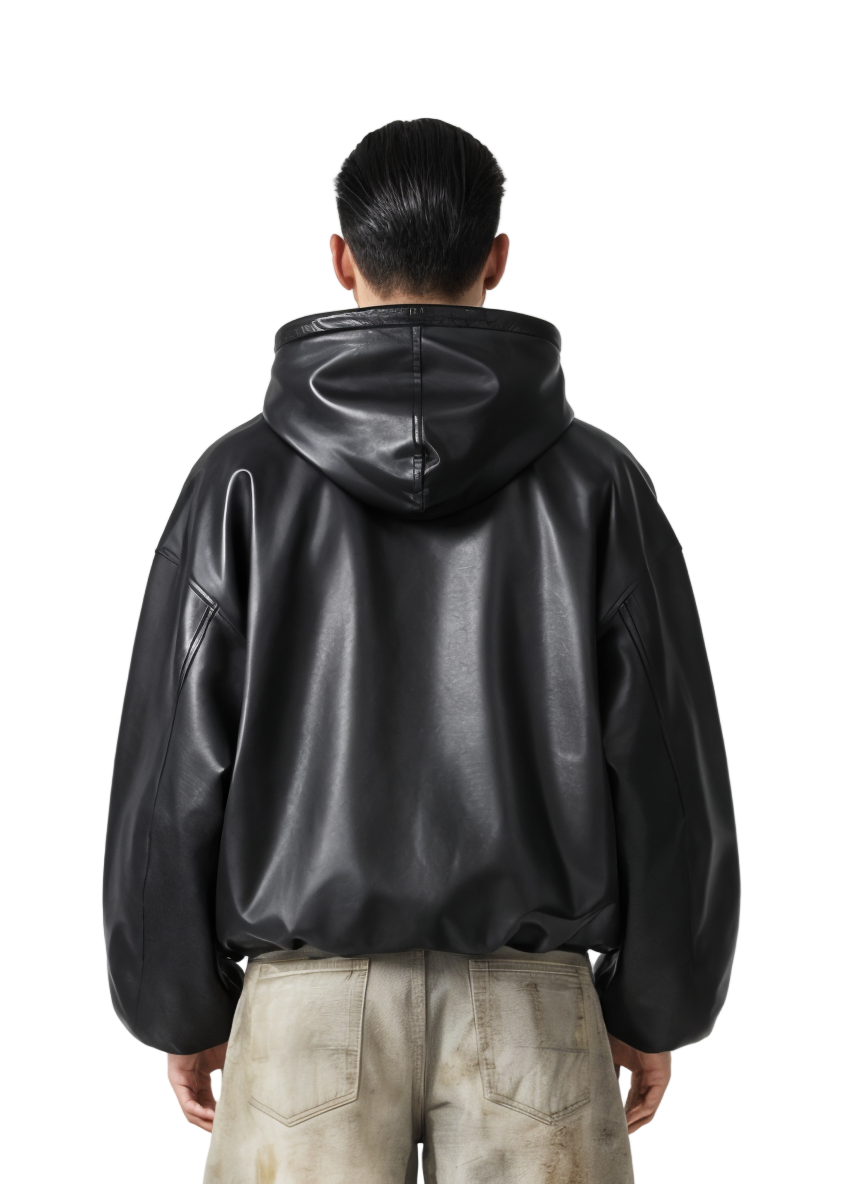 Oversized Black Faux Leather WIndbreaker Coat
